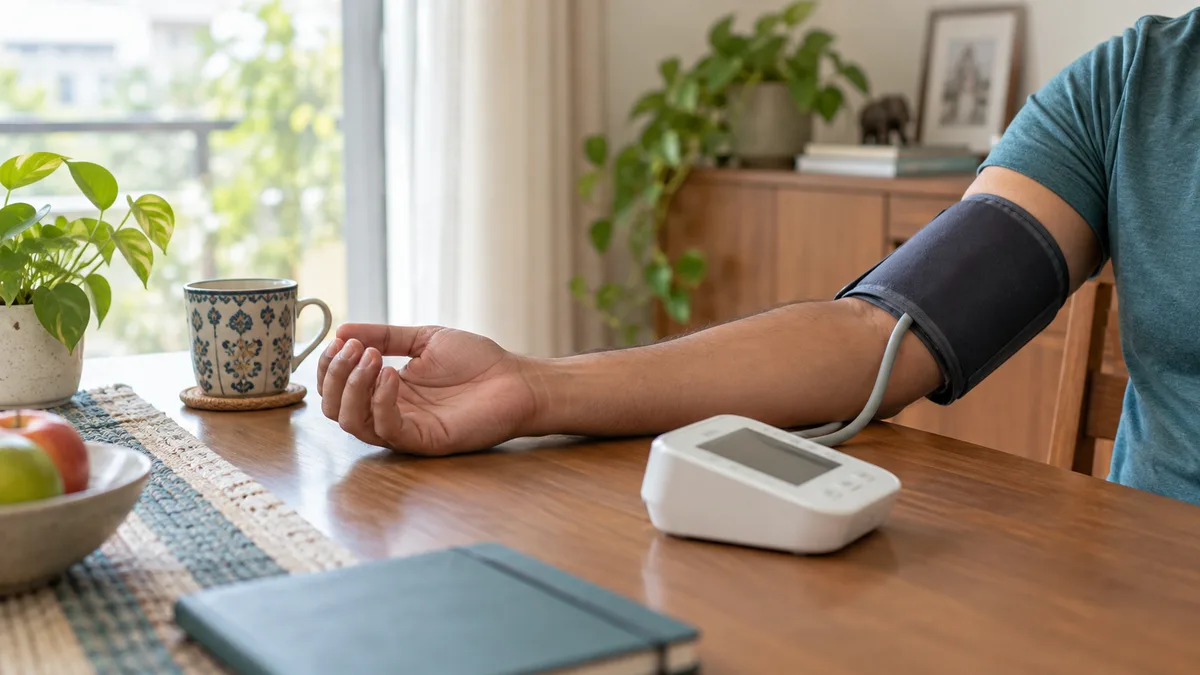 Person measuring blood pressure with an upper-arm cuff at home
