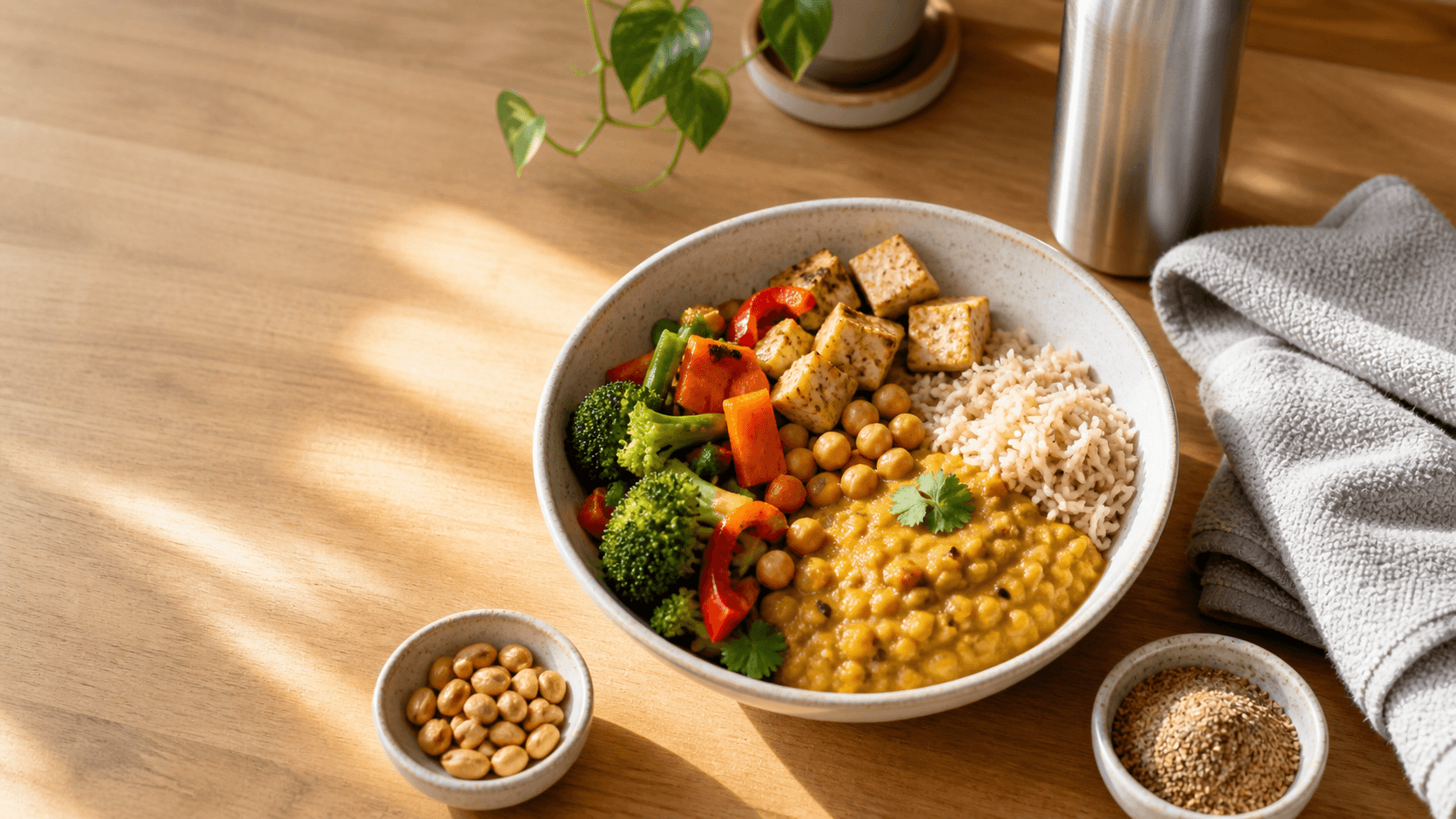 Bowl of lentils, chickpeas, tofu, brown rice, vegetables, peanuts and flaxseed beside a gym towel and water bottle