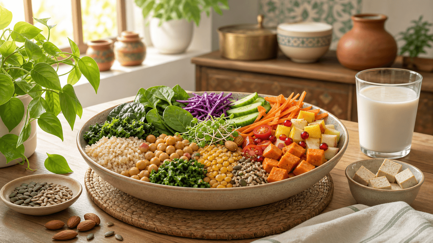 Colourful bowl of vegetables, chickpeas, whole grains, tofu, nuts and seeds on a sunlit kitchen table
